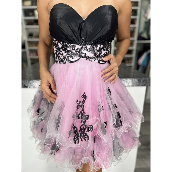 Sherri Hill Pink Black Butterfly Short Strapless Dress $290 - Picture 4 of 10